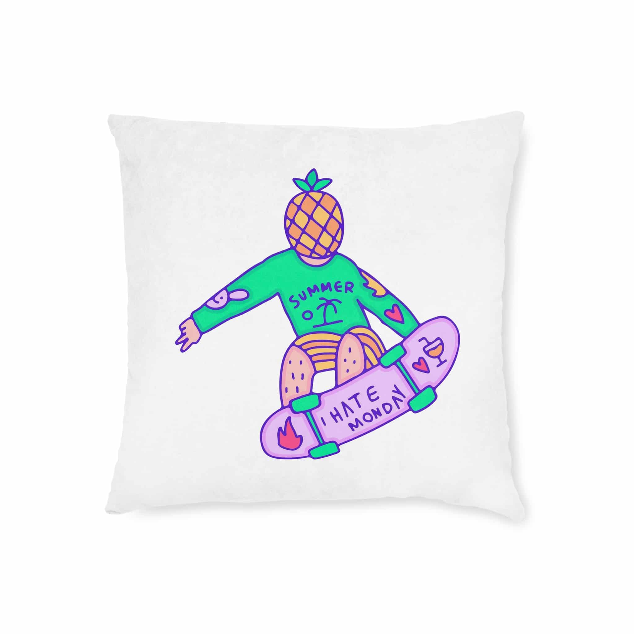 Cool Pineapple Boy Character Freestyle With Skateboard Illustration T Shirt Sticker Square Pillow Pink Back - Image 5