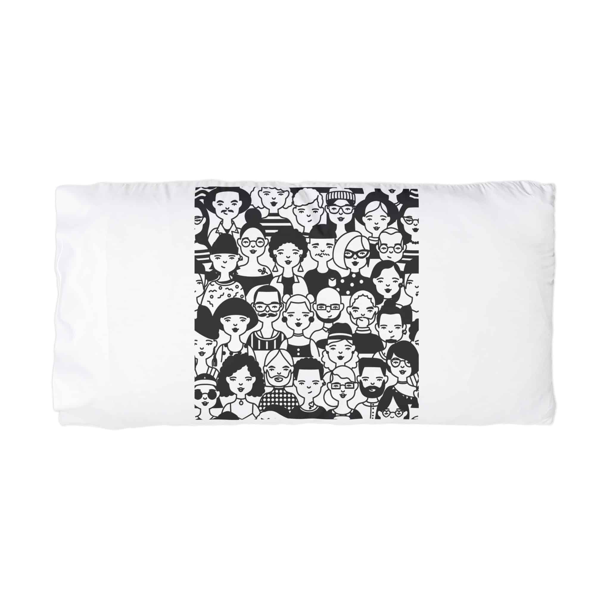 Monochrome Seamless Pattern With Faces Heads People Microfiber Pillowcase - Image 3