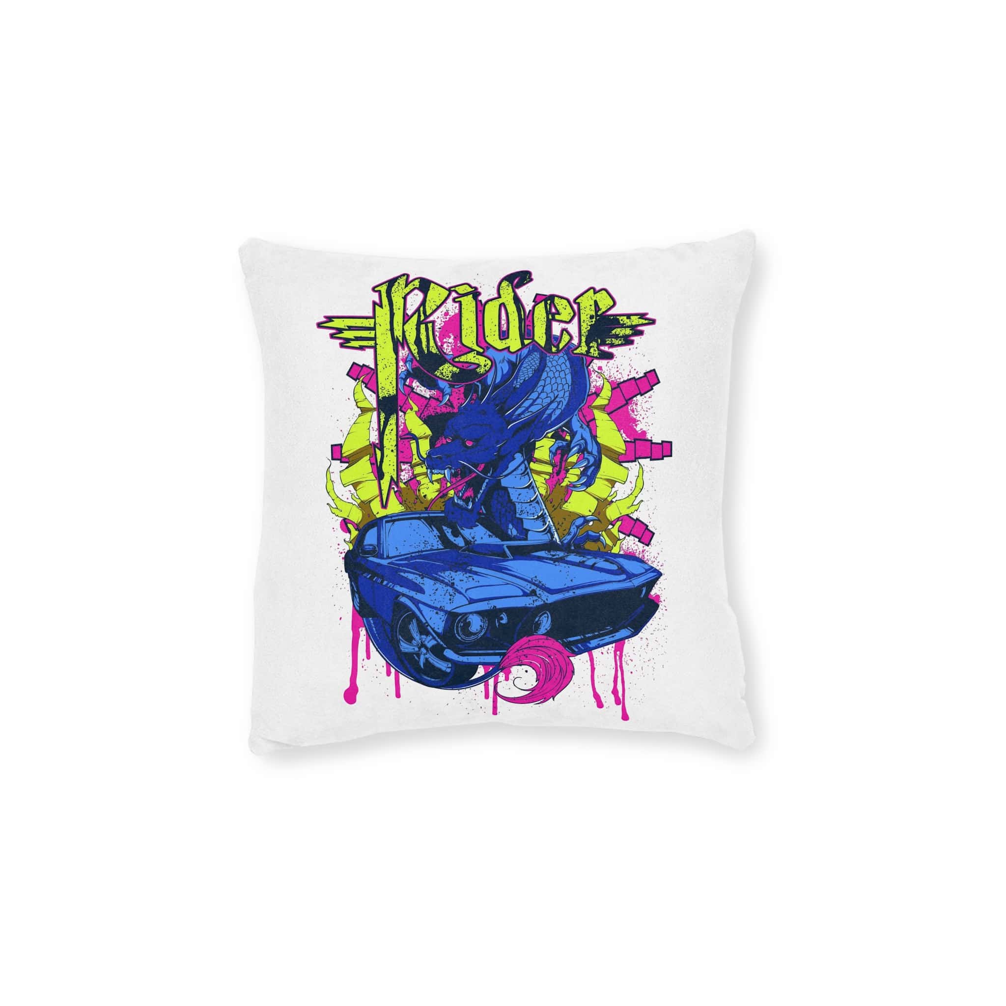 Vintage Car Attacked By Mad Dragon Square Pillow Pink Back
