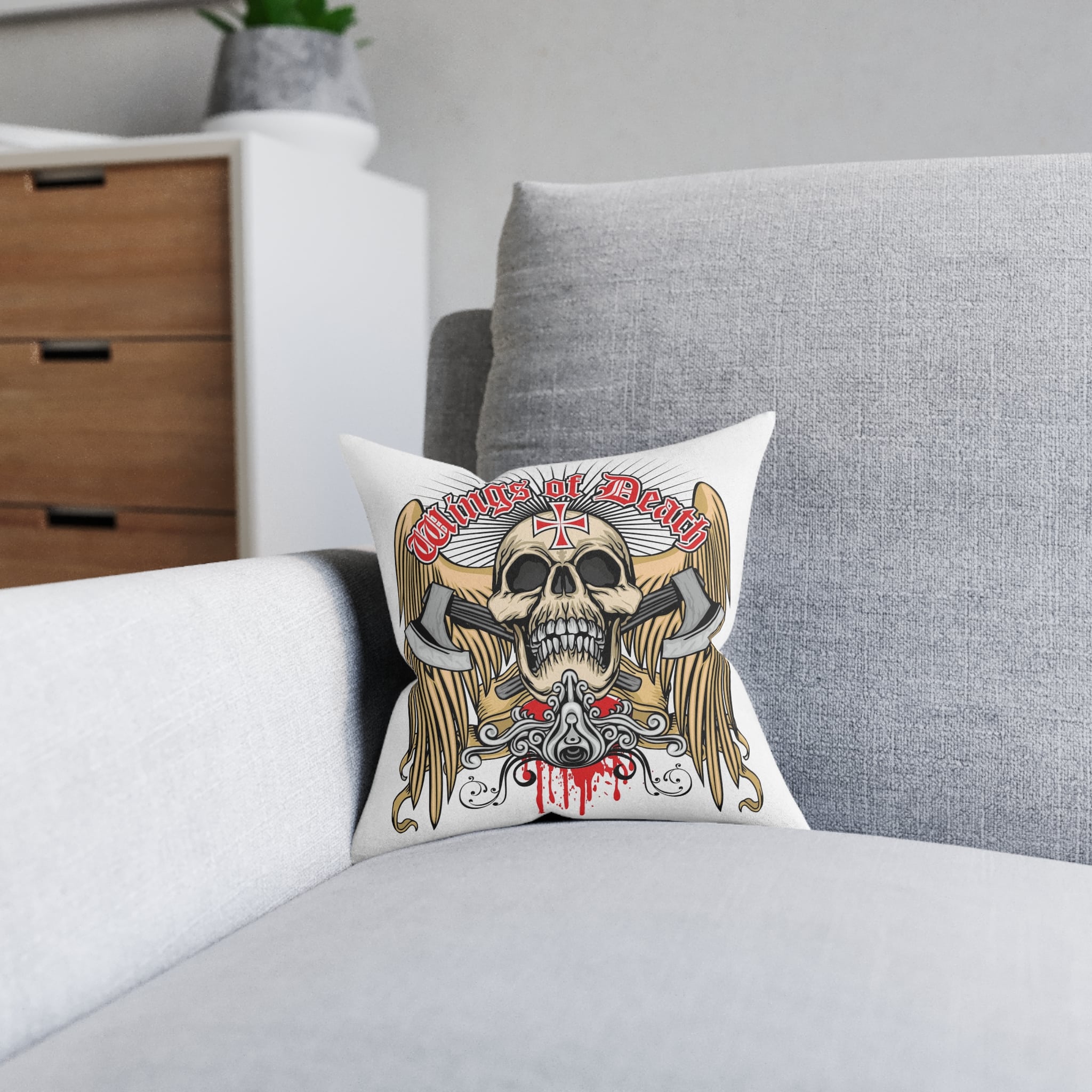 Gothic Sign With Skull Grunge Vintage Design T Shirts (30) Square Pillow Pink Back - Image 4