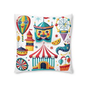 Colorful Cartoon Carnival Icons Set With Amusement Park Attractions Circus Tent Hot Air Balloon More Tufted Floor Pillow Square