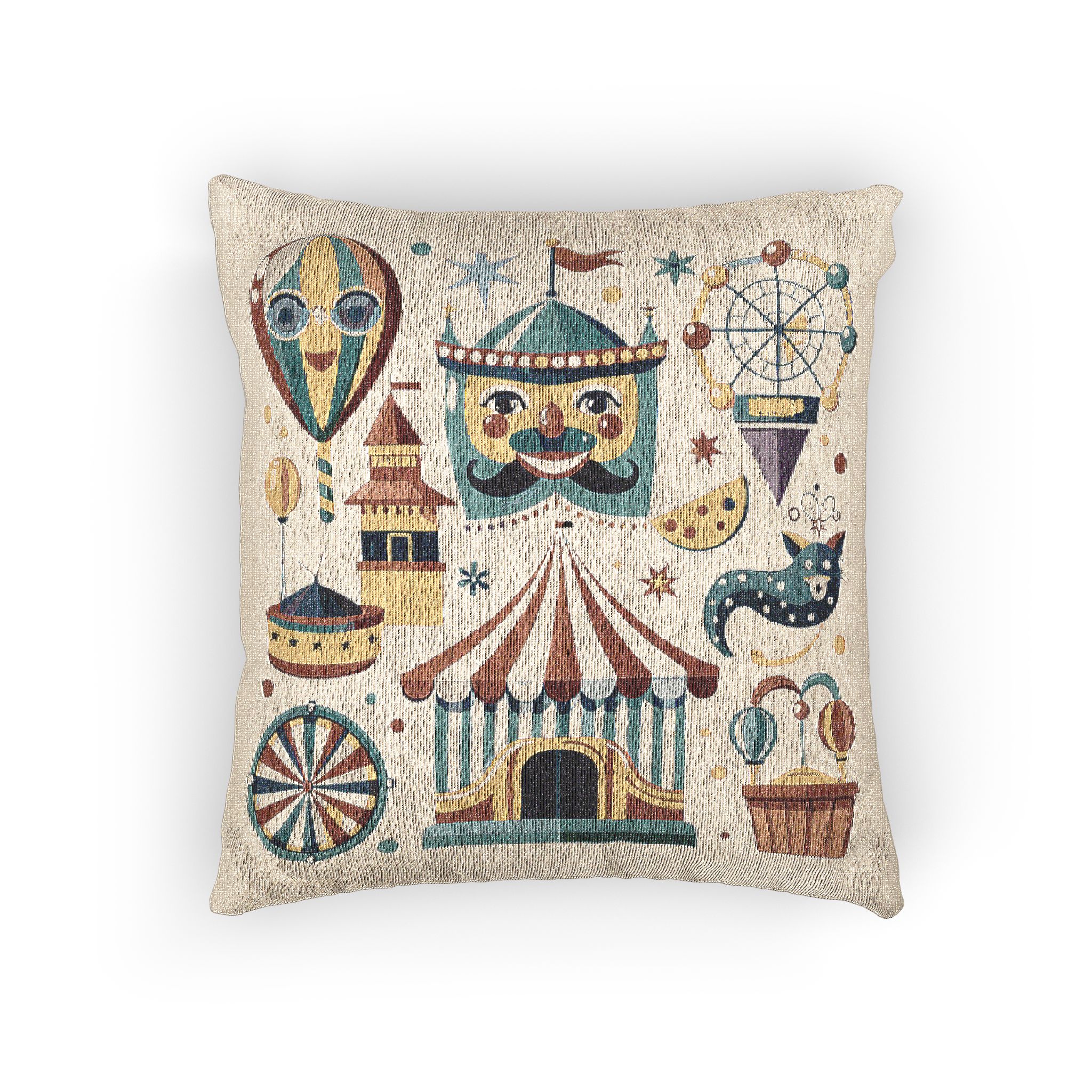 Colorful Cartoon Carnival Icons Set With Amusement Park Attractions Circus Tent Hot Air Balloon More Woven Pillow - Image 3