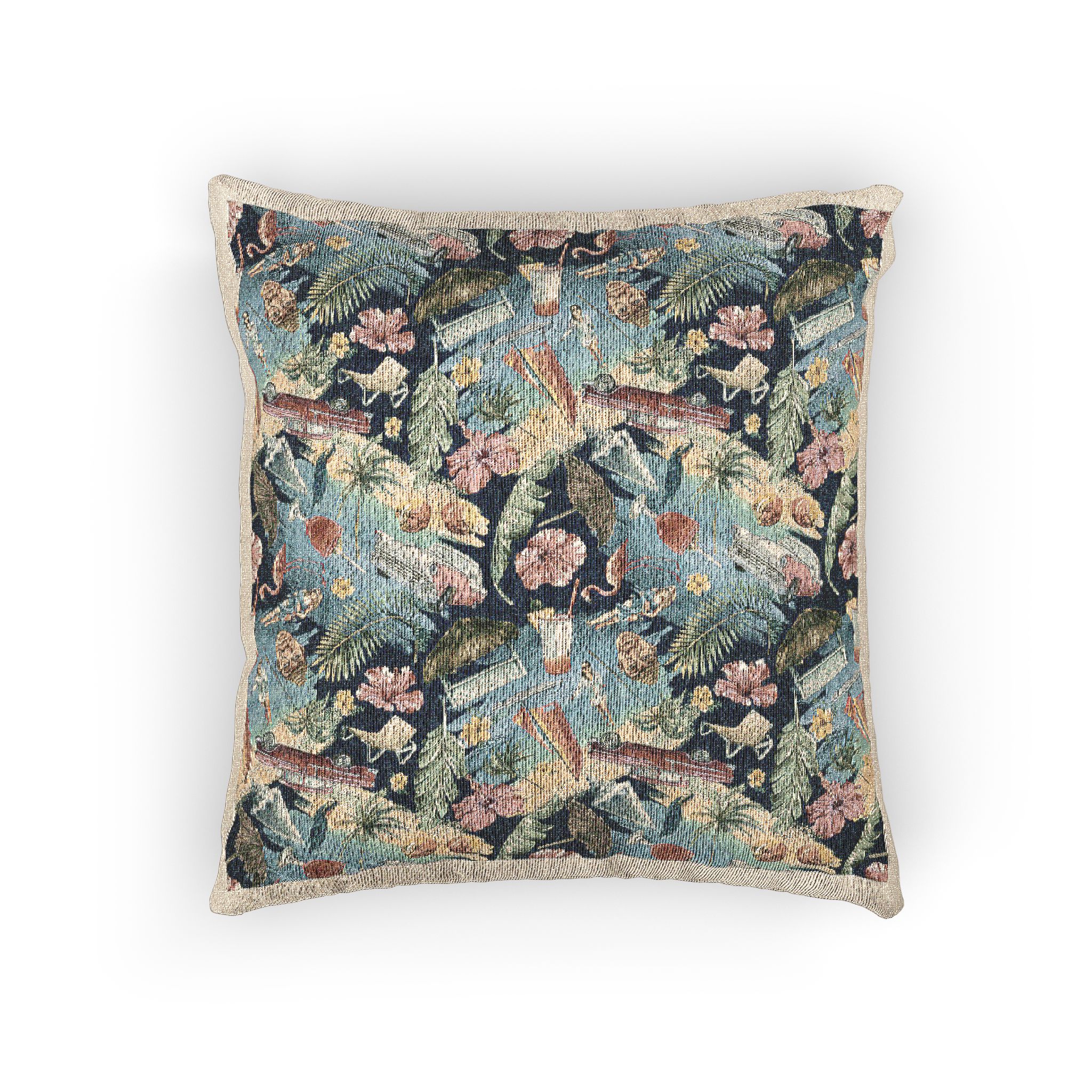 Tropical Cuban Bright Pattern Seamless Dark Background With Cocktails Palm Trees Retro Cars Pink Flamingos Seashells Watercolor Illustration From Large Cuba Set Woven Pillow - Image 3