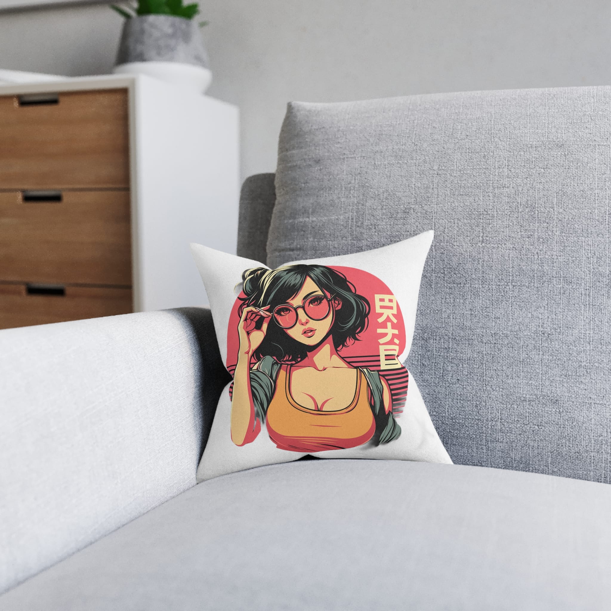Stylish Lofi Girl Wearing Sunglasses Square Pillow Pink Back - Image 4