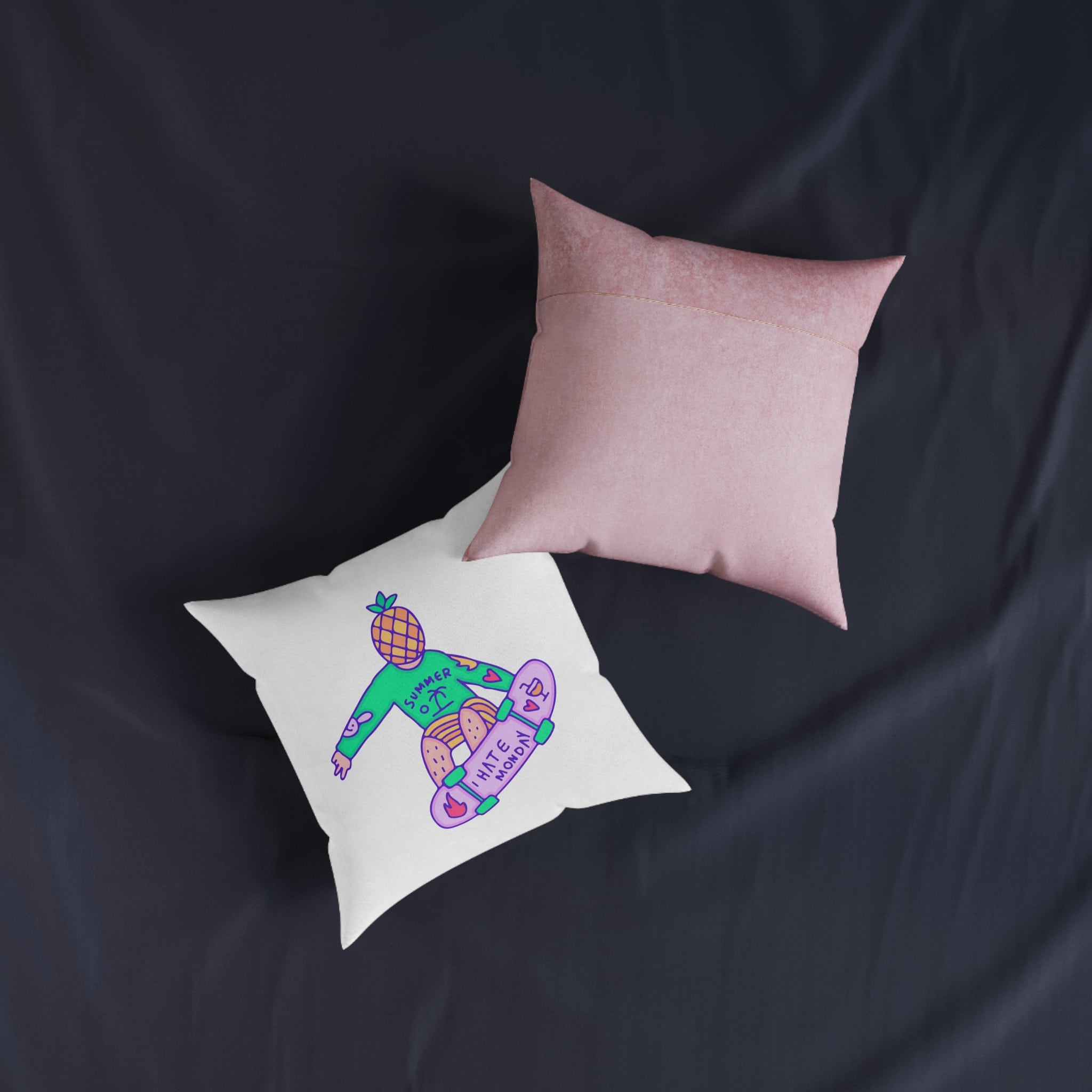 Cool Pineapple Boy Character Freestyle With Skateboard Illustration T Shirt Sticker Square Pillow Pink Back - Image 7