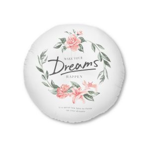 Make Dreams Happen Slogan Vintage Flowers Wreath Frame Illustration Tufted Floor Pillow Round