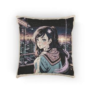 Girl With Pink Bow Is Standing Front Cityscape Woven Pillow