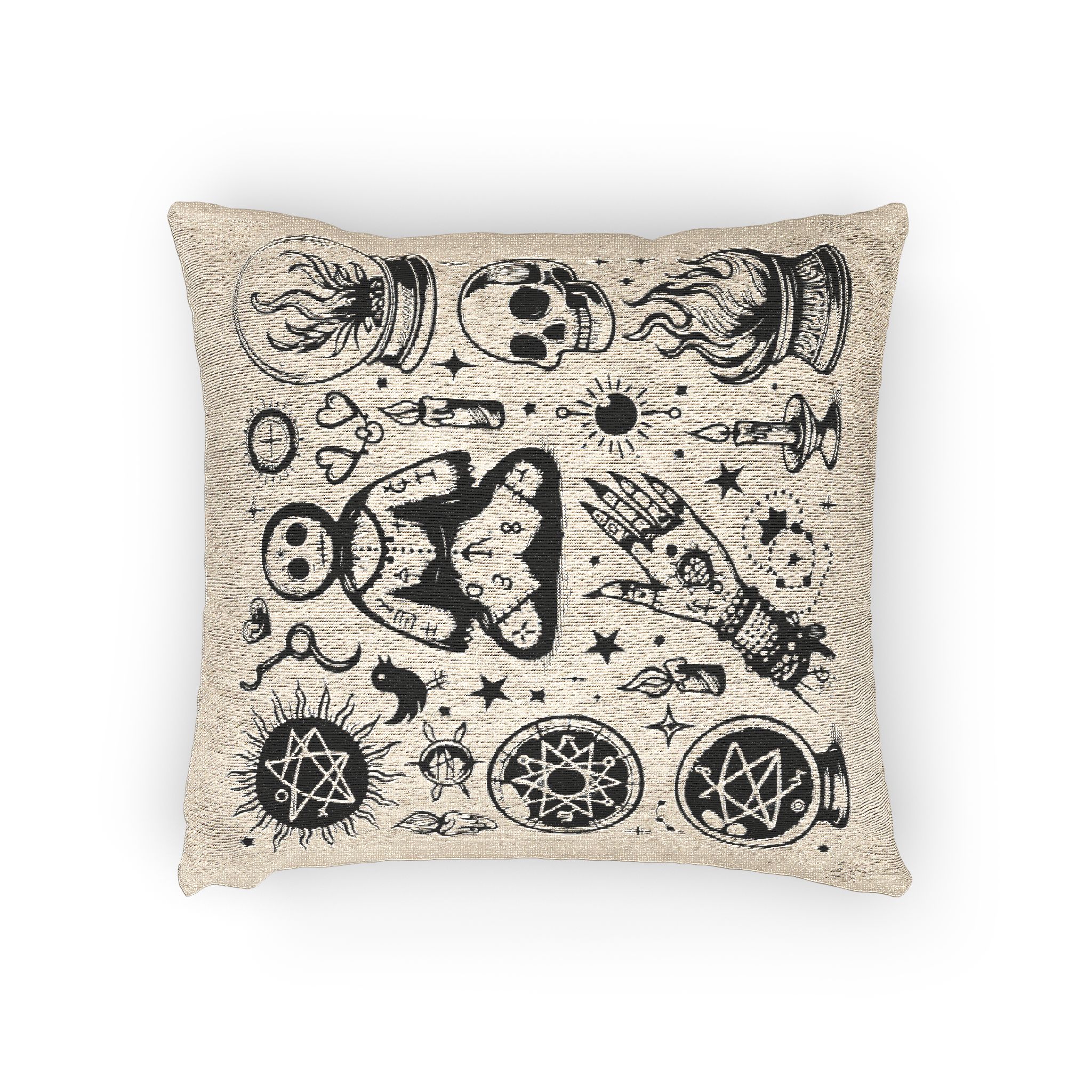 Set of Hand Drawn S of Voodoo Doll Crystal Ball and Clairvoyance Magic and Mystery Woven Pillow - Image 2