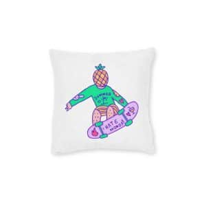 Cool Pineapple Boy Character Freestyle With Skateboard Illustration T Shirt Sticker Square Pillow Pink Back