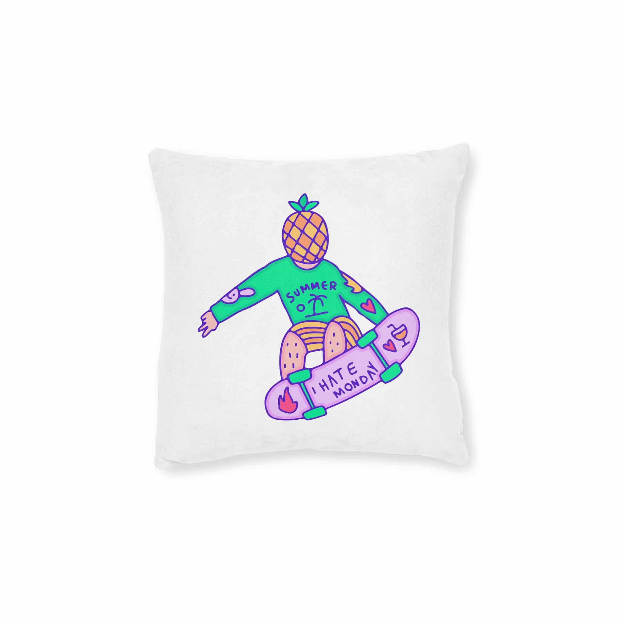 Cool Pineapple Boy Character Freestyle With Skateboard Illustration T Shirt Sticker Square Pillow Pink Back