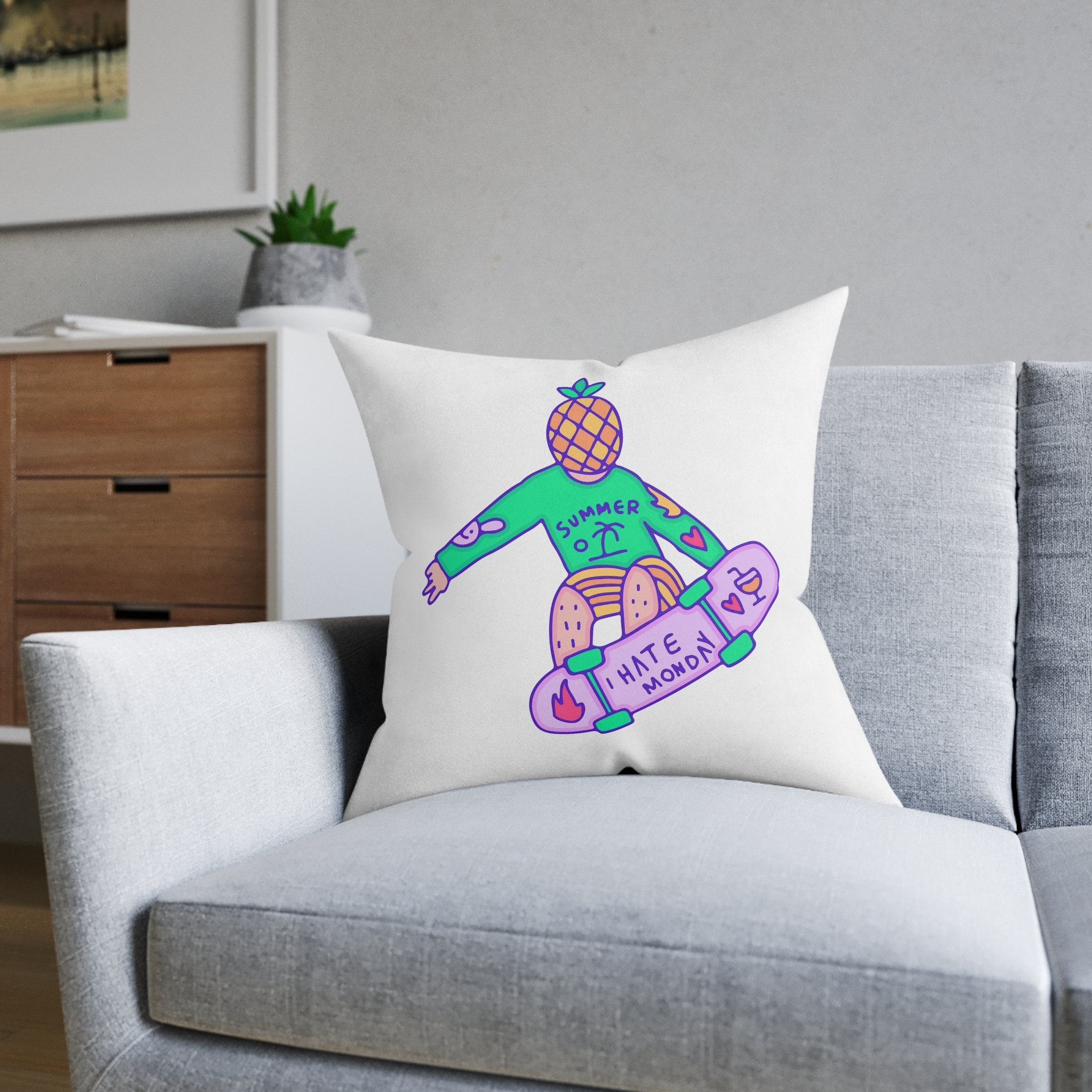 Cool Pineapple Boy Character Freestyle With Skateboard Illustration T Shirt Sticker Square Pillow Pink Back - Image 12
