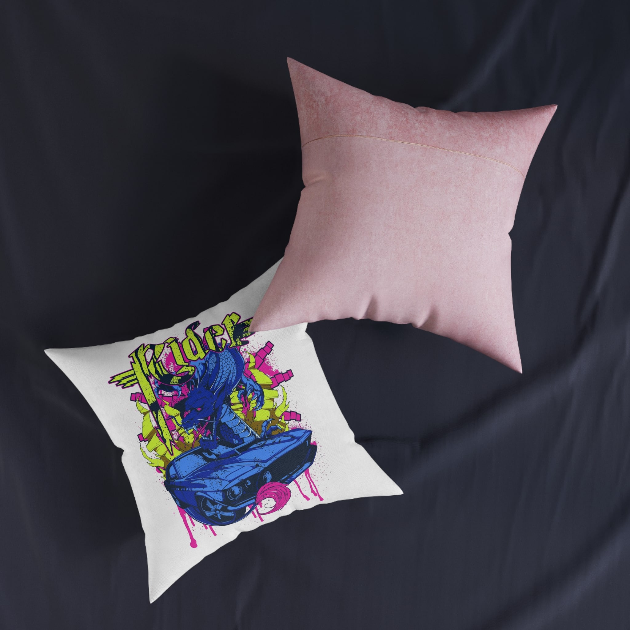 Vintage Car Attacked By Mad Dragon Square Pillow Pink Back - Image 11
