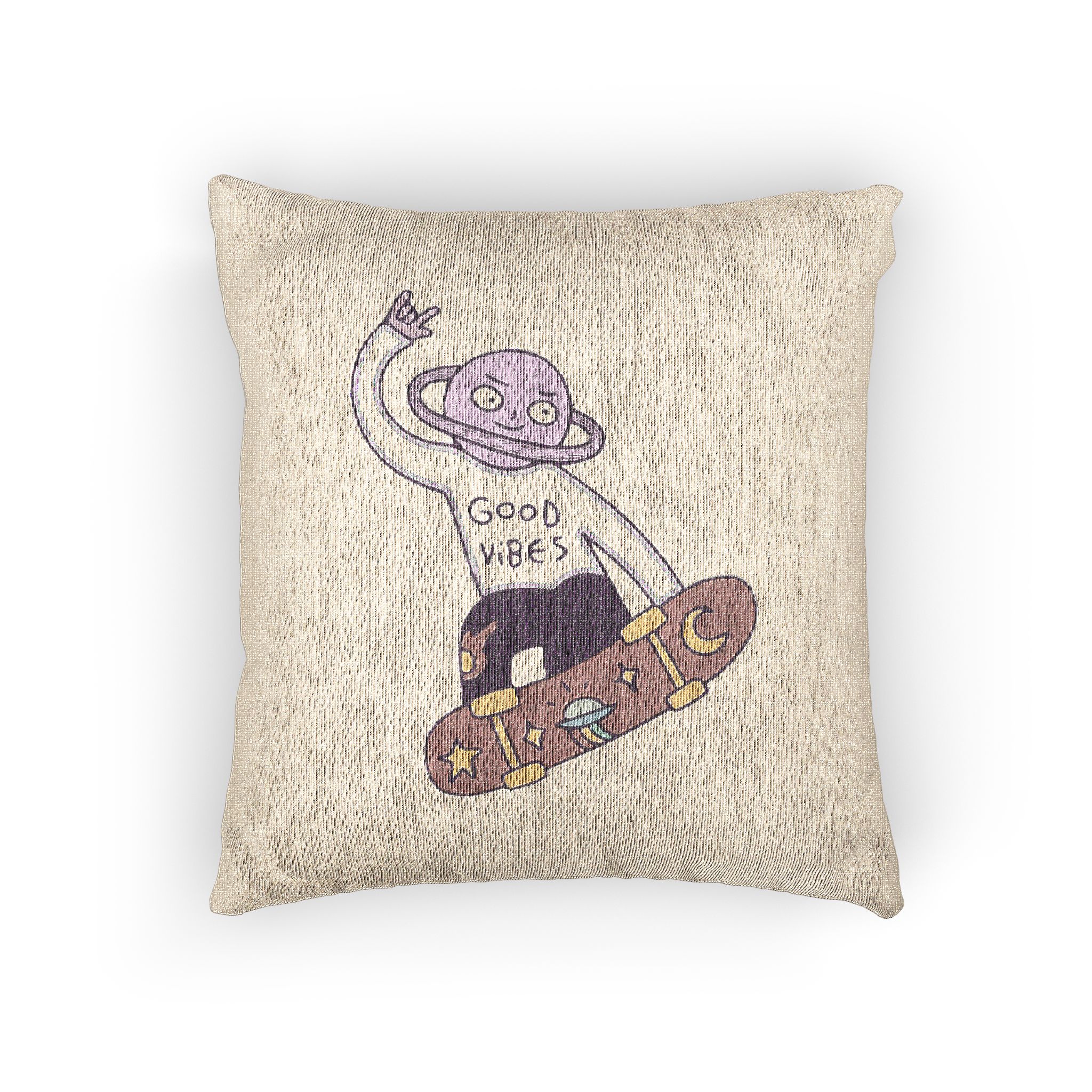 Cool Saturn Planet Character Freestyle With Skateboard Illustration T Shirt Sticker Woven Pillow - Image 3
