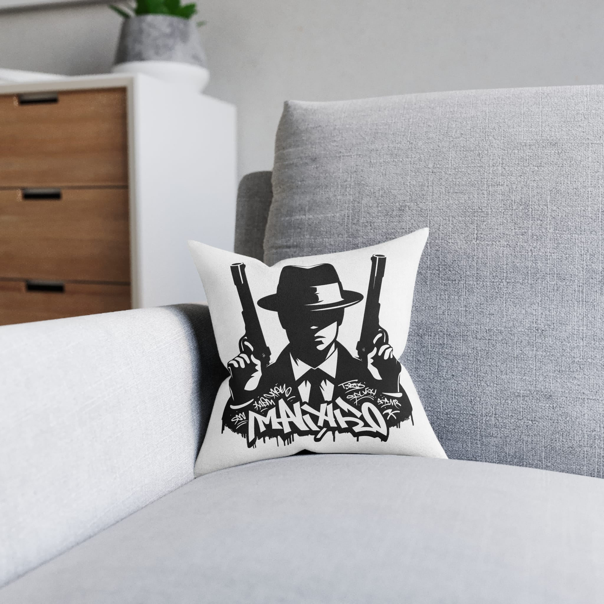 Mafia Gangster Silhouette People Graffiti Tag Hip Hop Street Art Typography Illustration Square Pillow Pink Back - Image 4
