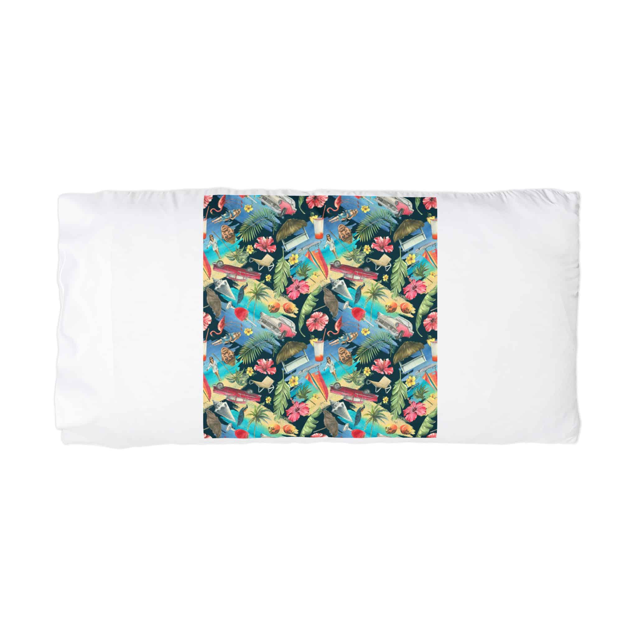 Tropical Cuban Bright Pattern Seamless Dark Background With Cocktails Palm Trees Retro Cars Pink Flamingos Seashells Watercolor Illustration From Large Cuba Set Microfiber Pillowcase - Image 3