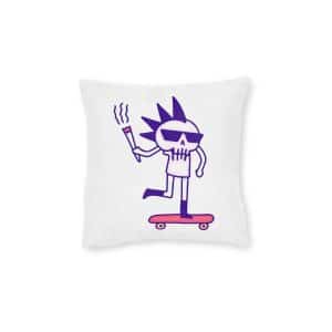 Cool Punk Skull With Cigarette Riding Skateboard Doodle Art Illustration T Shirt Sticker Square Pillow Pink Back