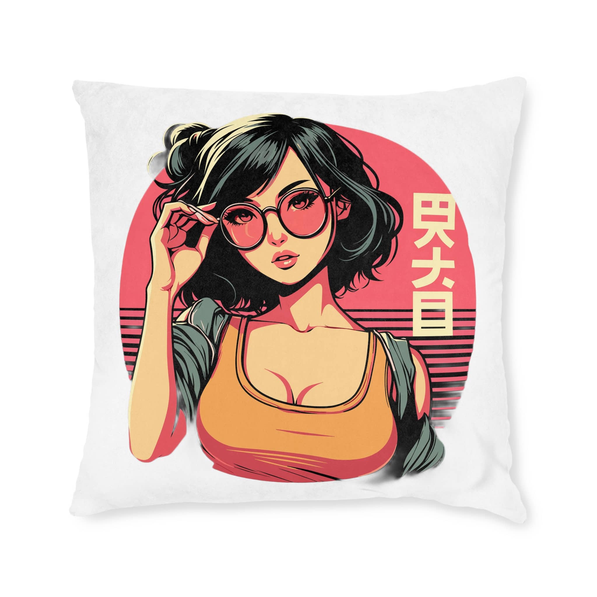 Stylish Lofi Girl Wearing Sunglasses Square Pillow Pink Back - Image 9
