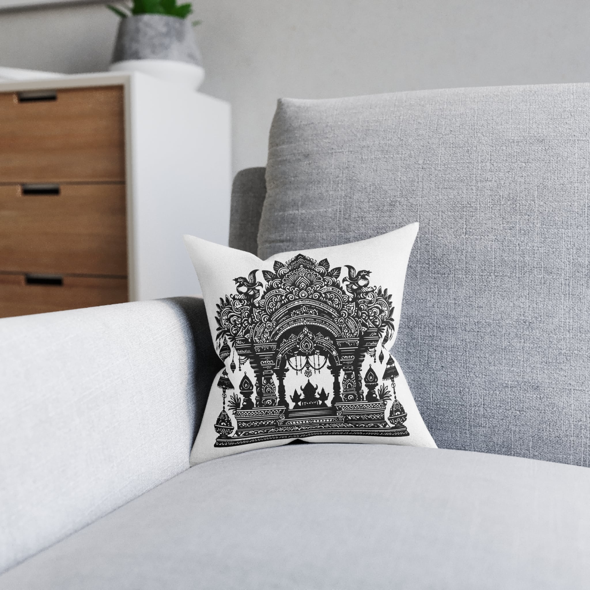 Intricate Puja Mandap Silhouettes Capturing Essence Festive Decor Black Colour Vactor (1) Square Pillow Pink Back - Image 4