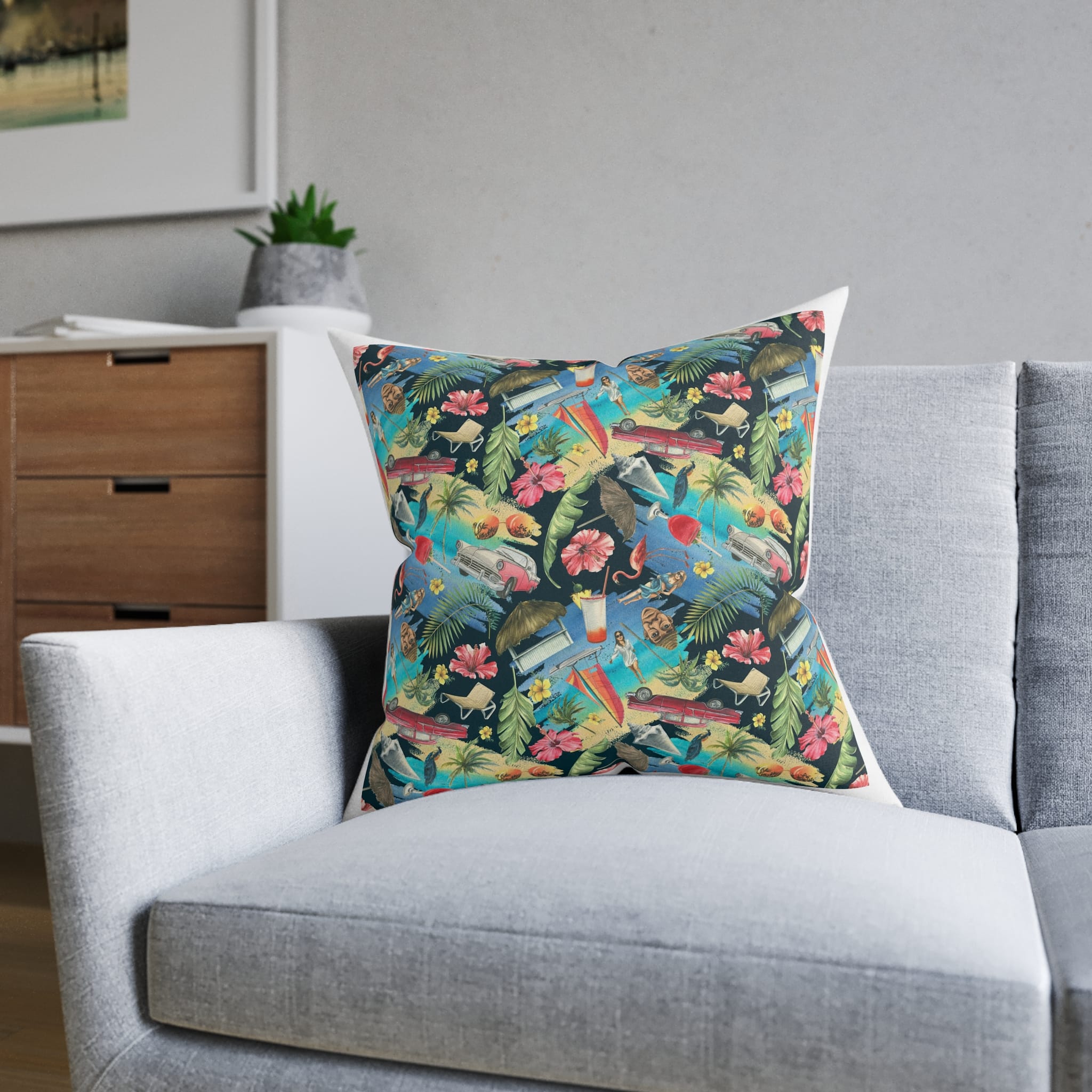 Tropical Cuban Bright Pattern Seamless Dark Background With Cocktails Palm Trees Retro Cars Pink Flamingos Seashells Watercolor Illustration From Large Cuba Set Square Pillow Pink Back - Image 12