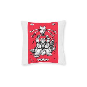 Bakeneko With Raijin Drums Japanese Monster Cat Element Redbackground Vector Square Pillow Pink Back