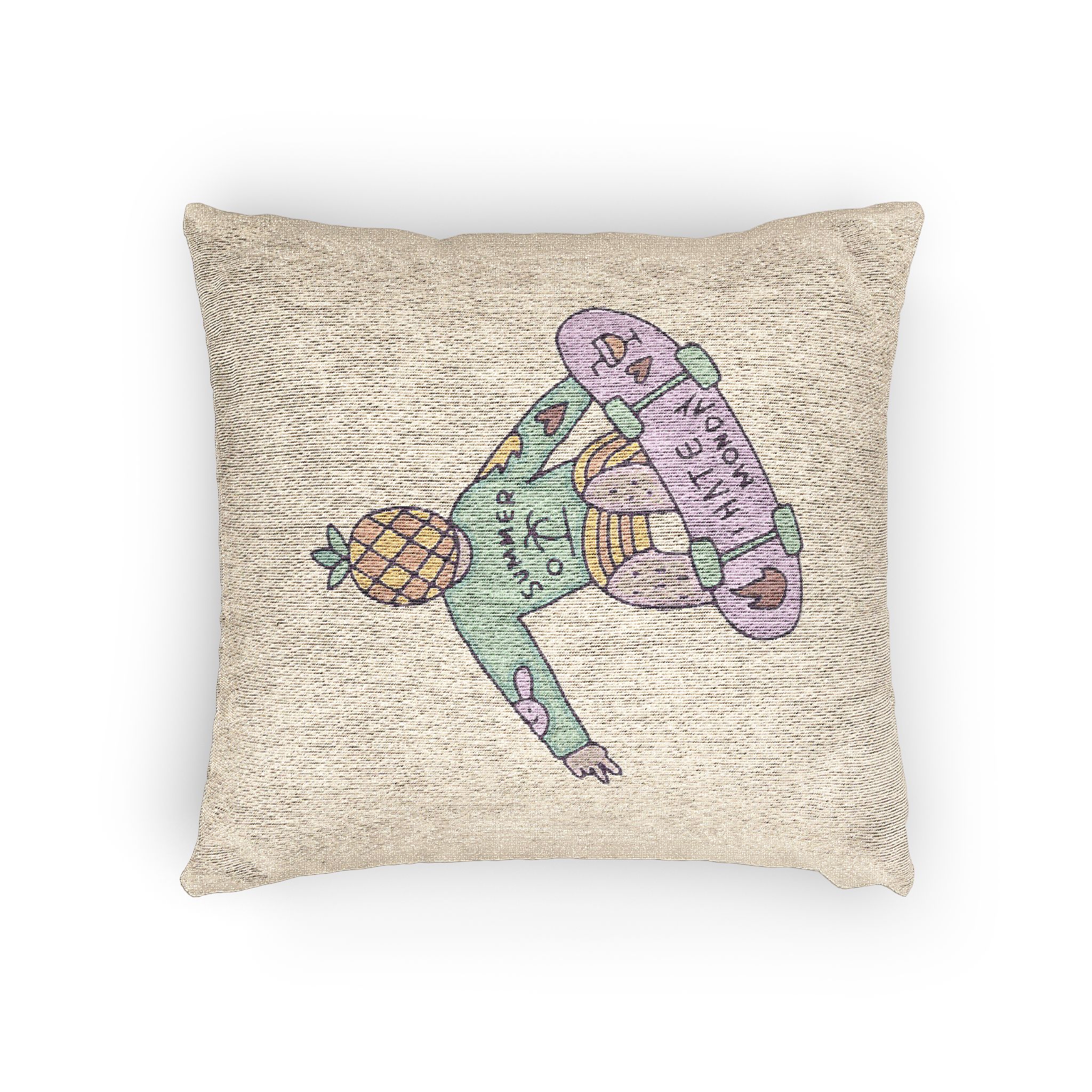 Cool Pineapple Boy Character Freestyle With Skateboard Illustration T Shirt Sticker Woven Pillow - Image 4