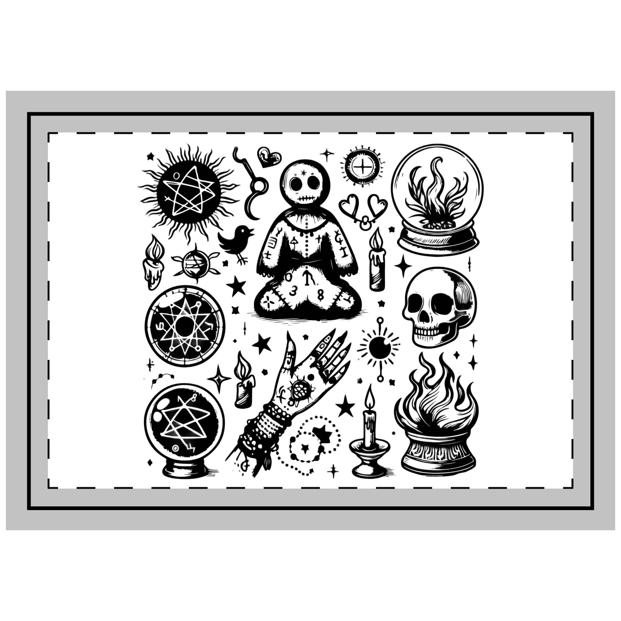 Set of Hand Drawn S of Voodoo Doll Crystal Ball and Clairvoyance Magic and Mystery Throw Pillow