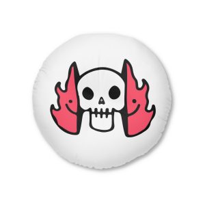 Cool Two Half Fire With Skull Face Inside Illustration Street Wear T Shirt Tufted Floor Pillow Round