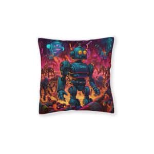 Cartoon Image Robot With Large Robot Center Square Pillow Pink Back
