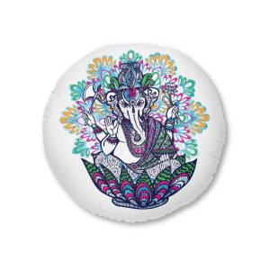 God Ganesha With Ornate Colored Mandala Tufted Floor Pillow Round
