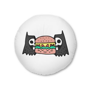 Cool Two Half Cat Skull Head With Cheeseburger Inside Illustration T Shirt Street Wear Tufted Floor Pillow Round