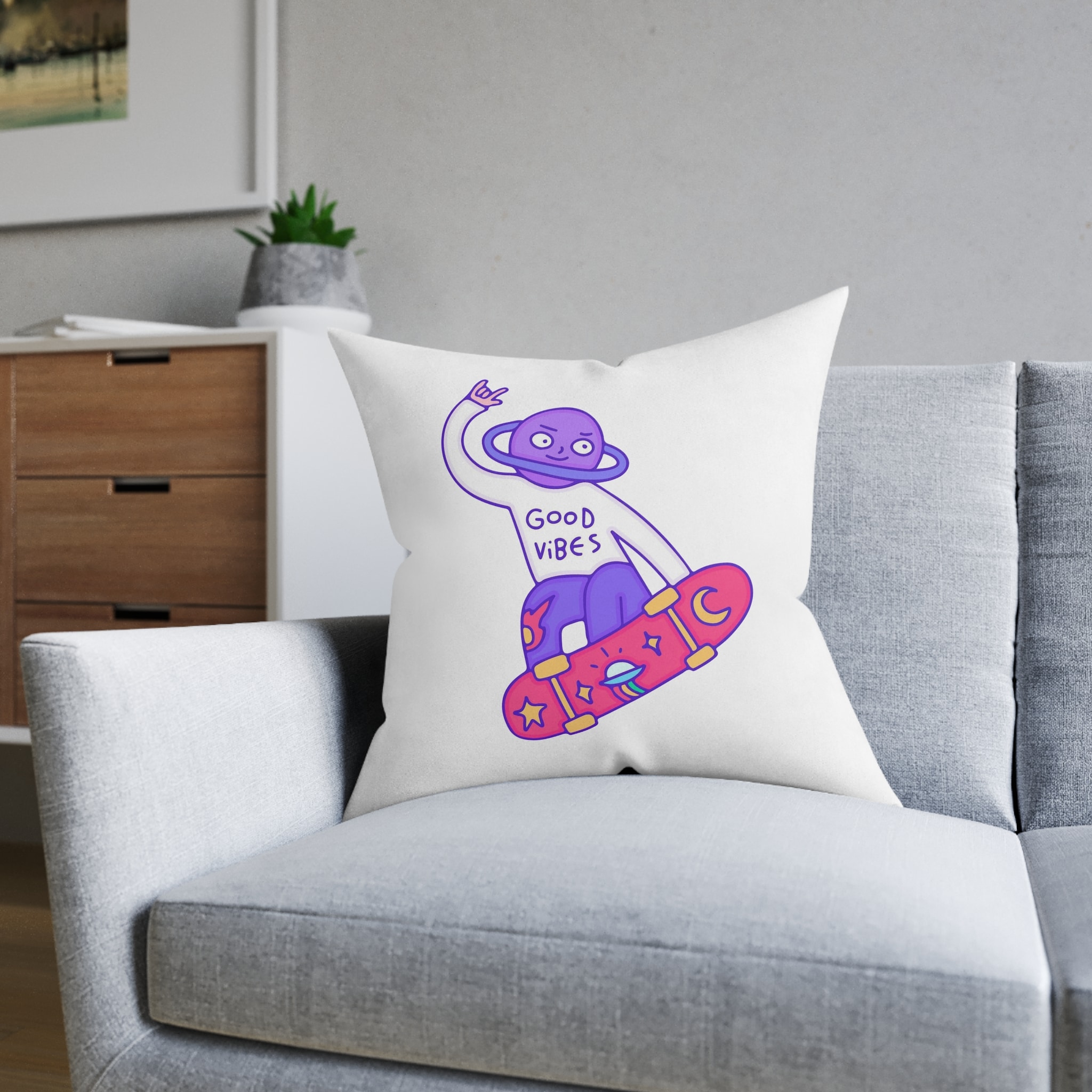 Cool Saturn Planet Character Freestyle With Skateboard Illustration T Shirt Sticker Square Pillow Pink Back - Image 12