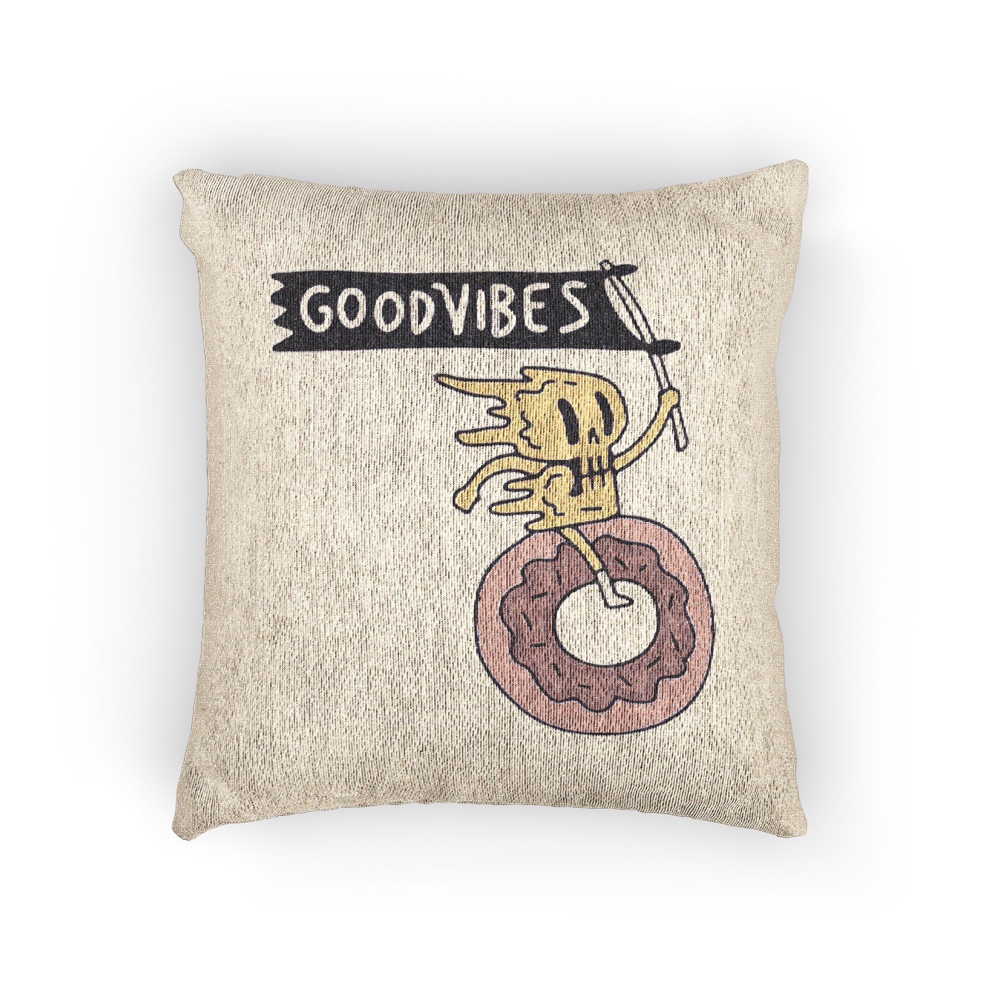 Cool Melted Skull Character Holding Flag Riding Donut Cartoon Illustration T Shirt Woven Pillow