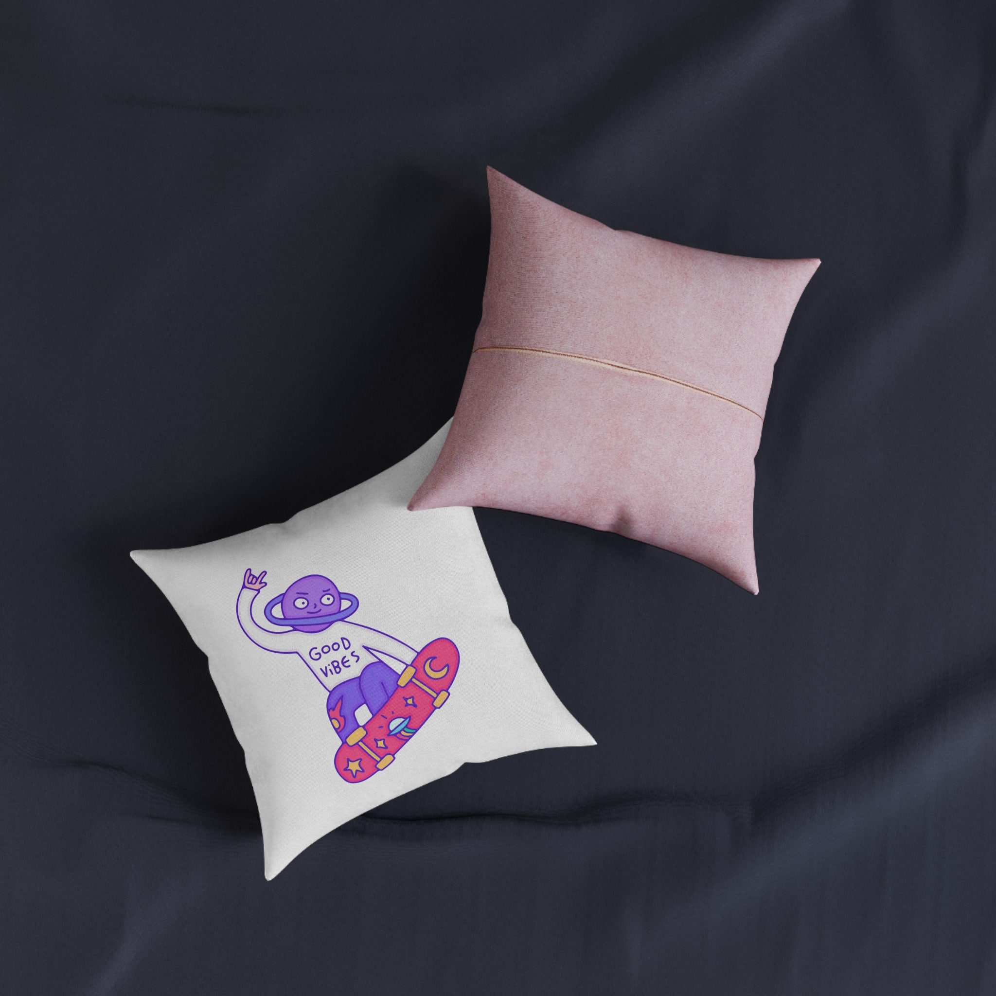 Cool Saturn Planet Character Freestyle With Skateboard Illustration T Shirt Sticker Square Pillow Pink Back - Image 3
