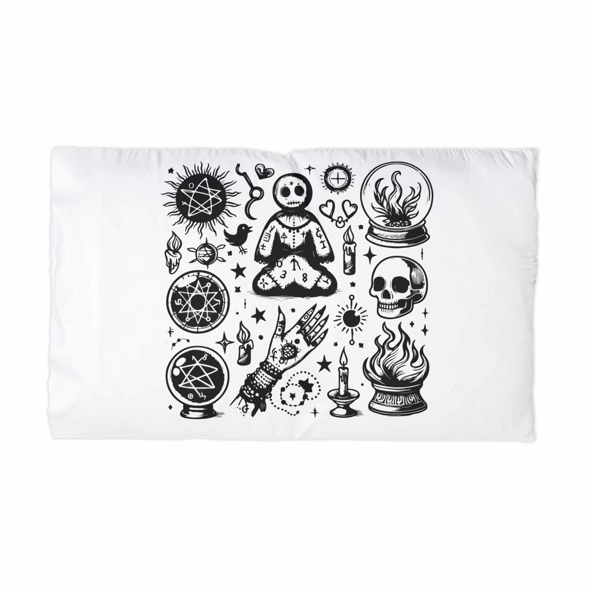 Set of Hand Drawn S of Voodoo Doll Crystal Ball and Clairvoyance Magic and Mystery Microfiber Pillowcase