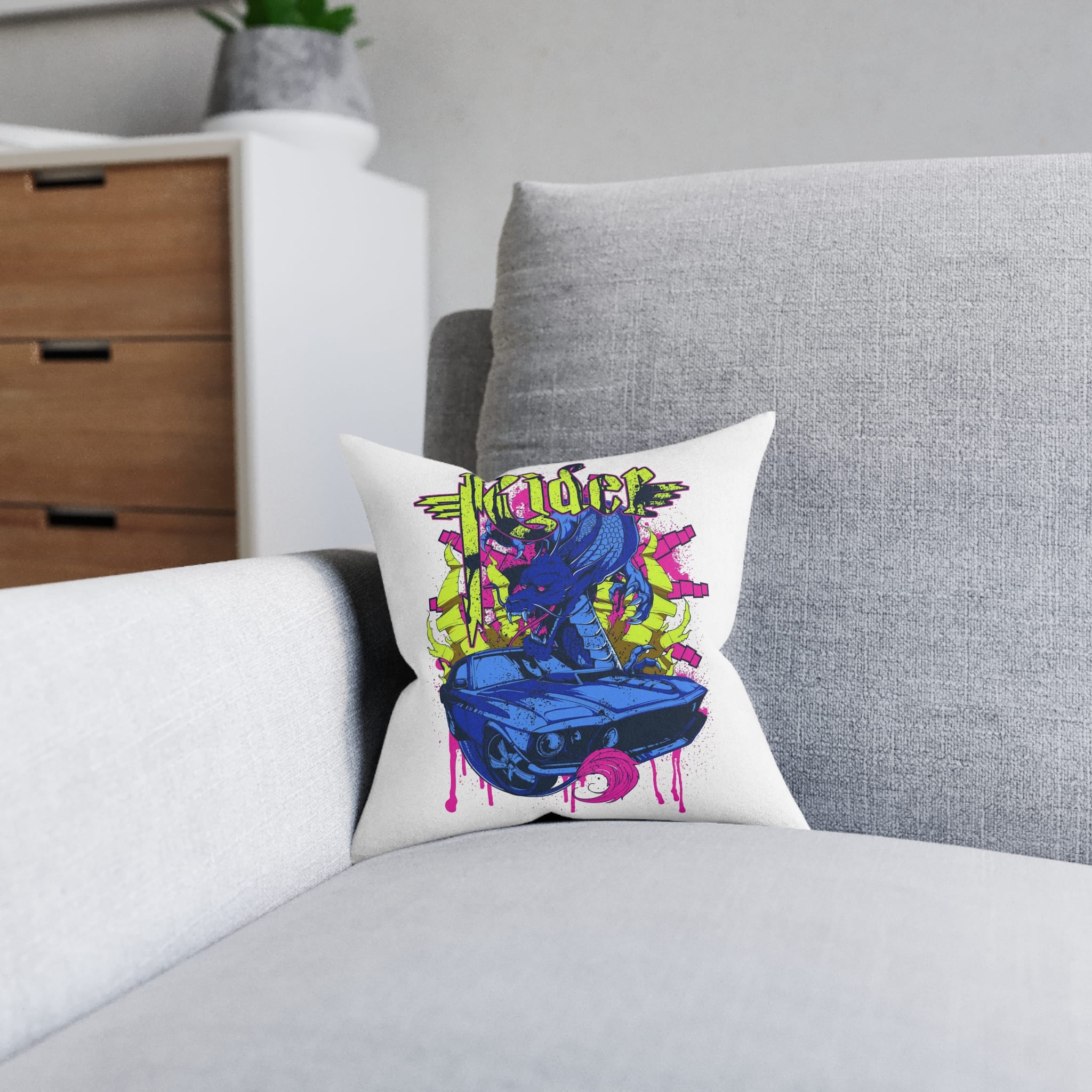 Vintage Car Attacked By Mad Dragon Square Pillow Pink Back - Image 4