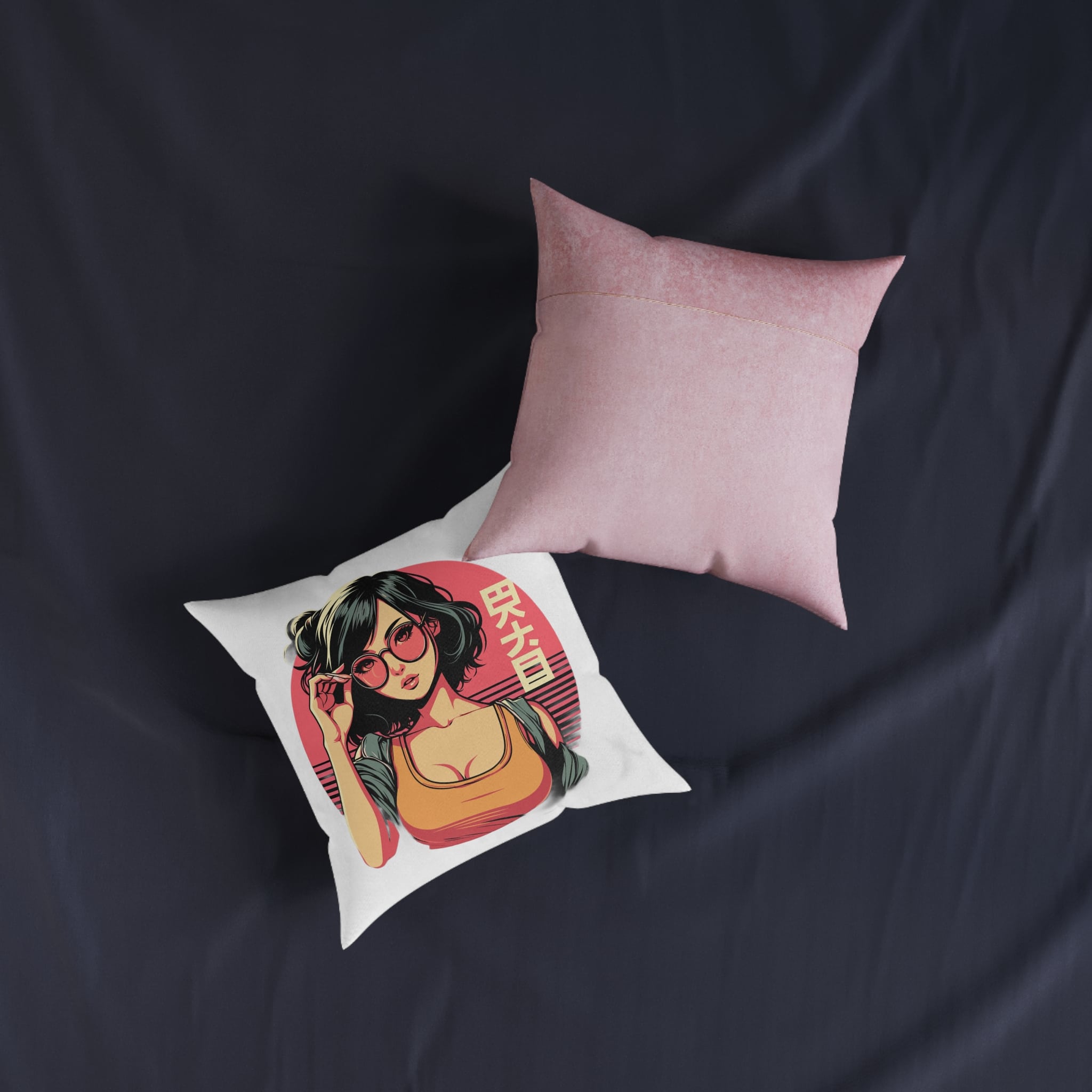 Stylish Lofi Girl Wearing Sunglasses Square Pillow Pink Back - Image 7