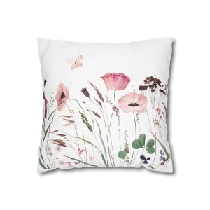 Watercolor With Wildflowers Herbs Butterfly Summer Meadow Square Poly Canvas Pillowcase
