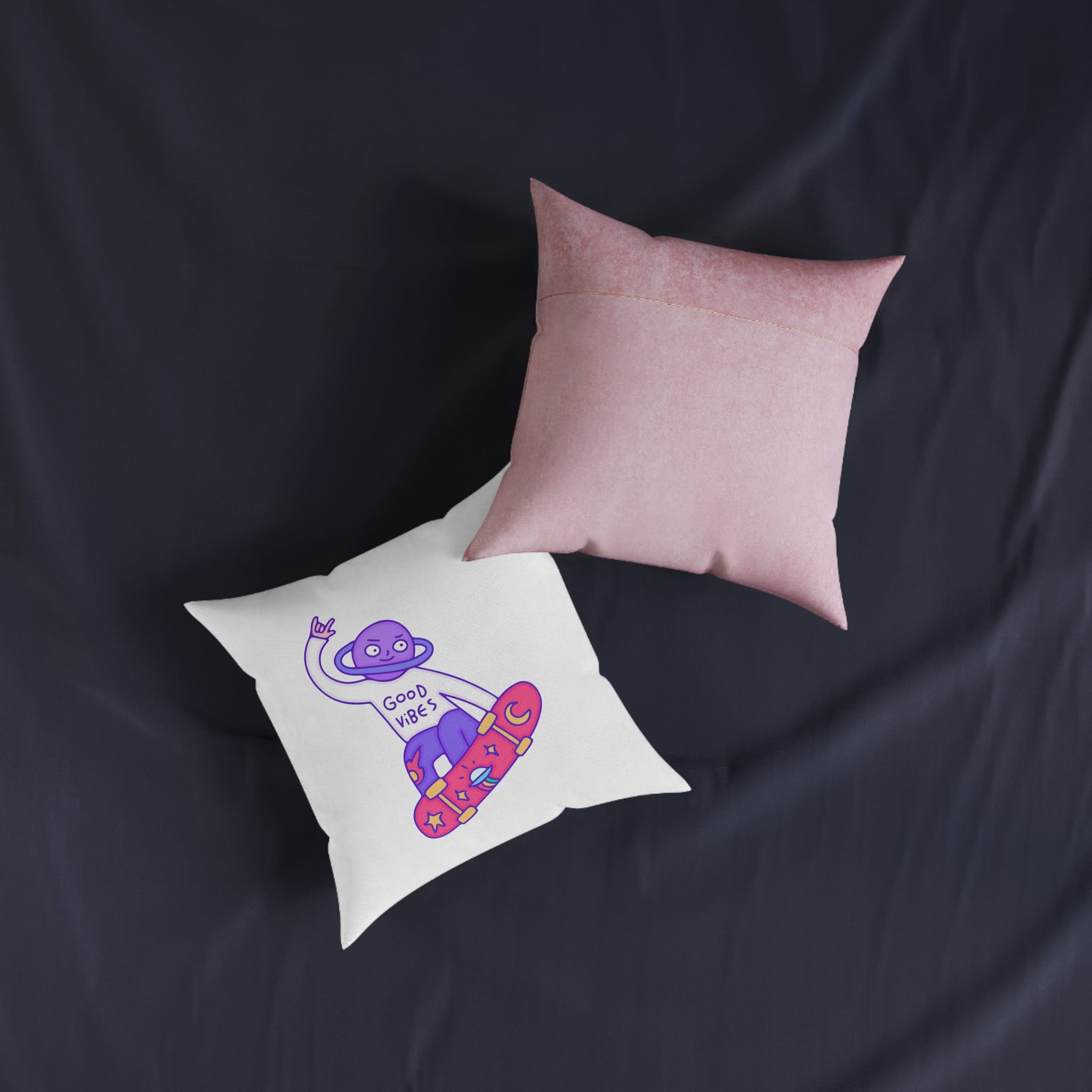 Cool Saturn Planet Character Freestyle With Skateboard Illustration T Shirt Sticker Square Pillow Pink Back - Image 7