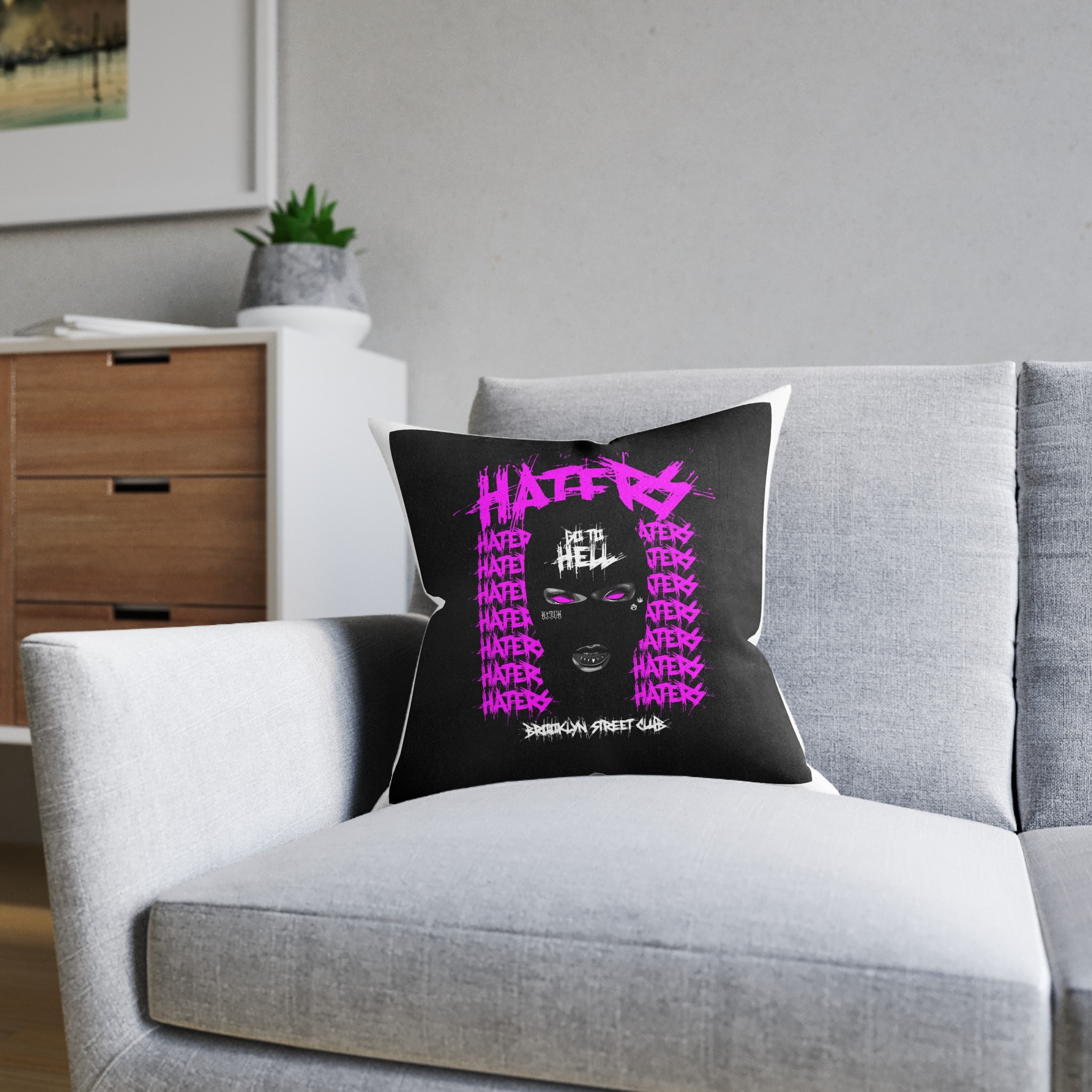 Haters Brooklyn Abstract Street Vintage Fashion Square Pillow Pink Back - Image 8