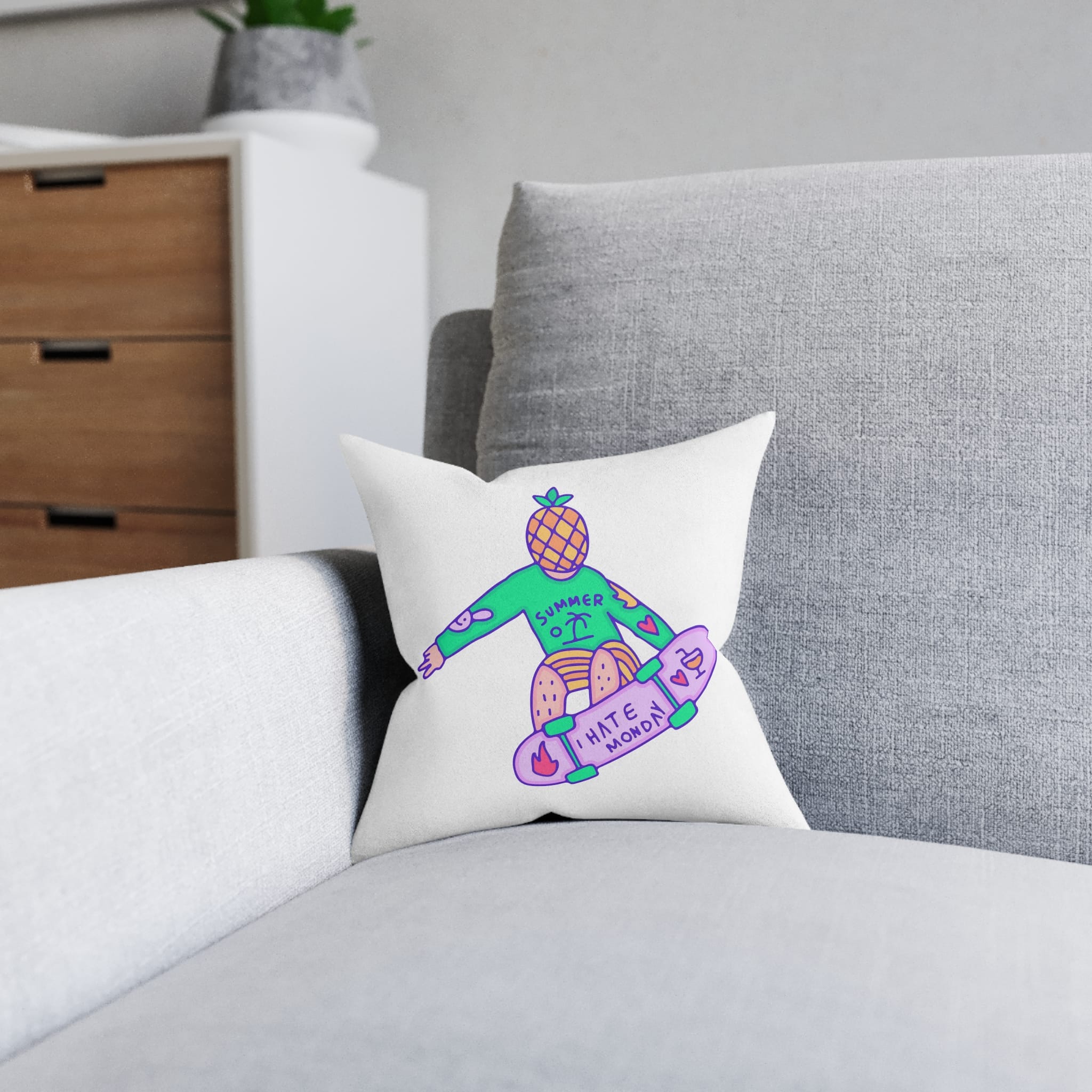Cool Pineapple Boy Character Freestyle With Skateboard Illustration T Shirt Sticker Square Pillow Pink Back - Image 4