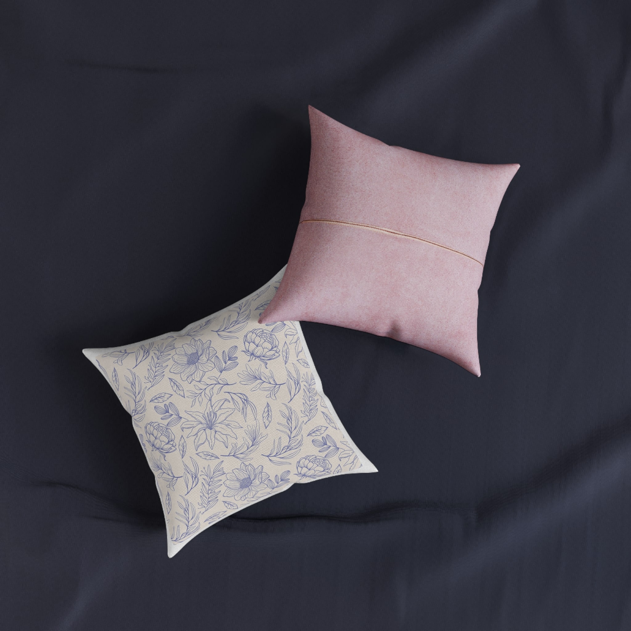Engraving Hand Drawn Botanical Pattern Square Pillow Pink Back - Image 3