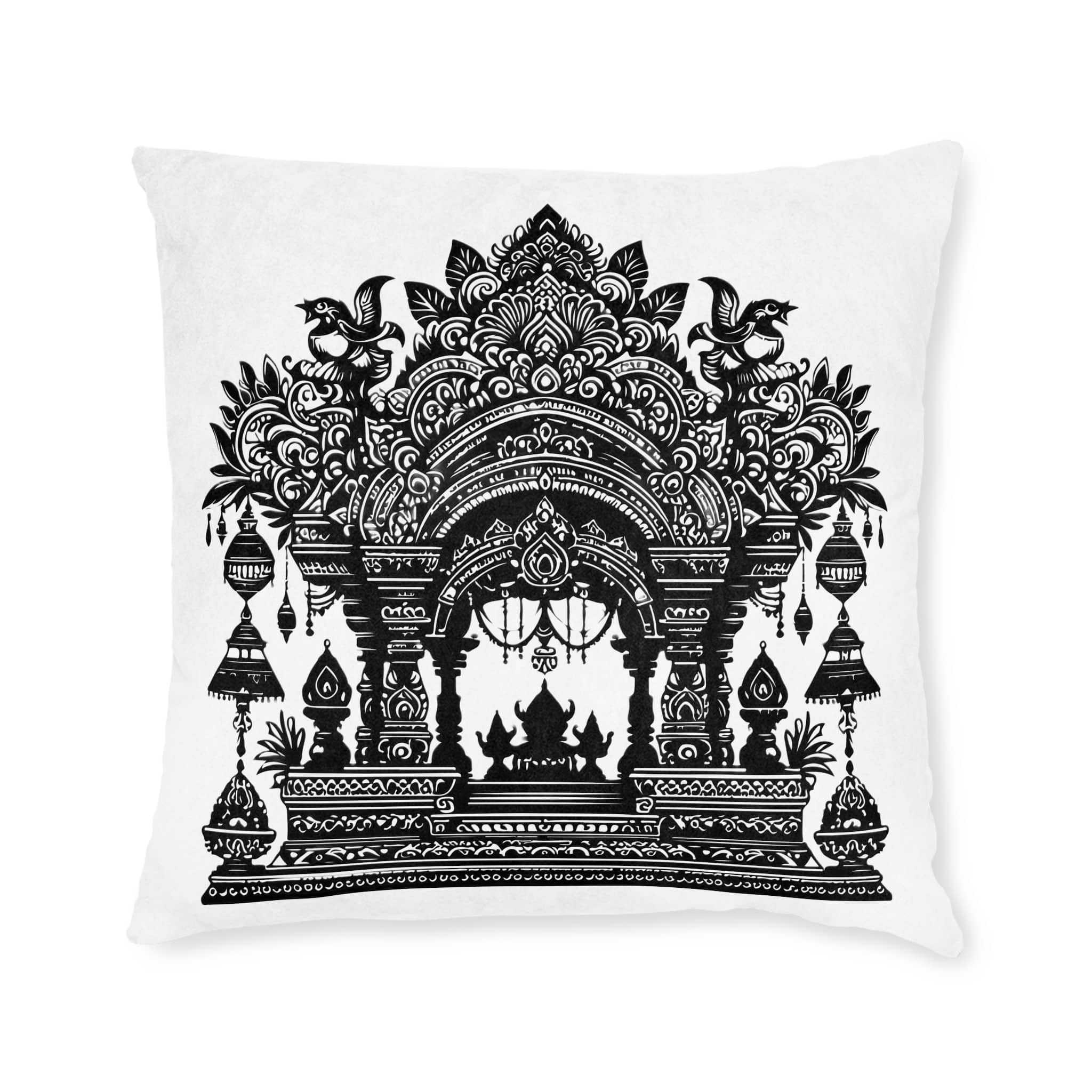 Intricate Puja Mandap Silhouettes Capturing Essence Festive Decor Black Colour Vactor (1) Square Pillow Pink Back - Image 9