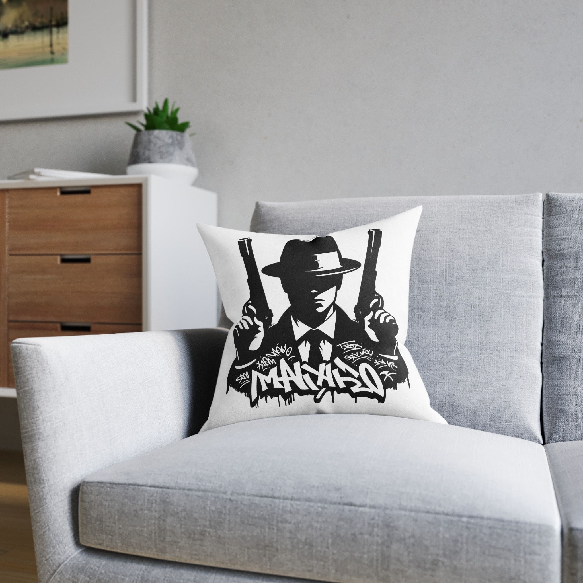 Mafia Gangster Silhouette People Graffiti Tag Hip Hop Street Art Typography Illustration Square Pillow Pink Back - Image 8
