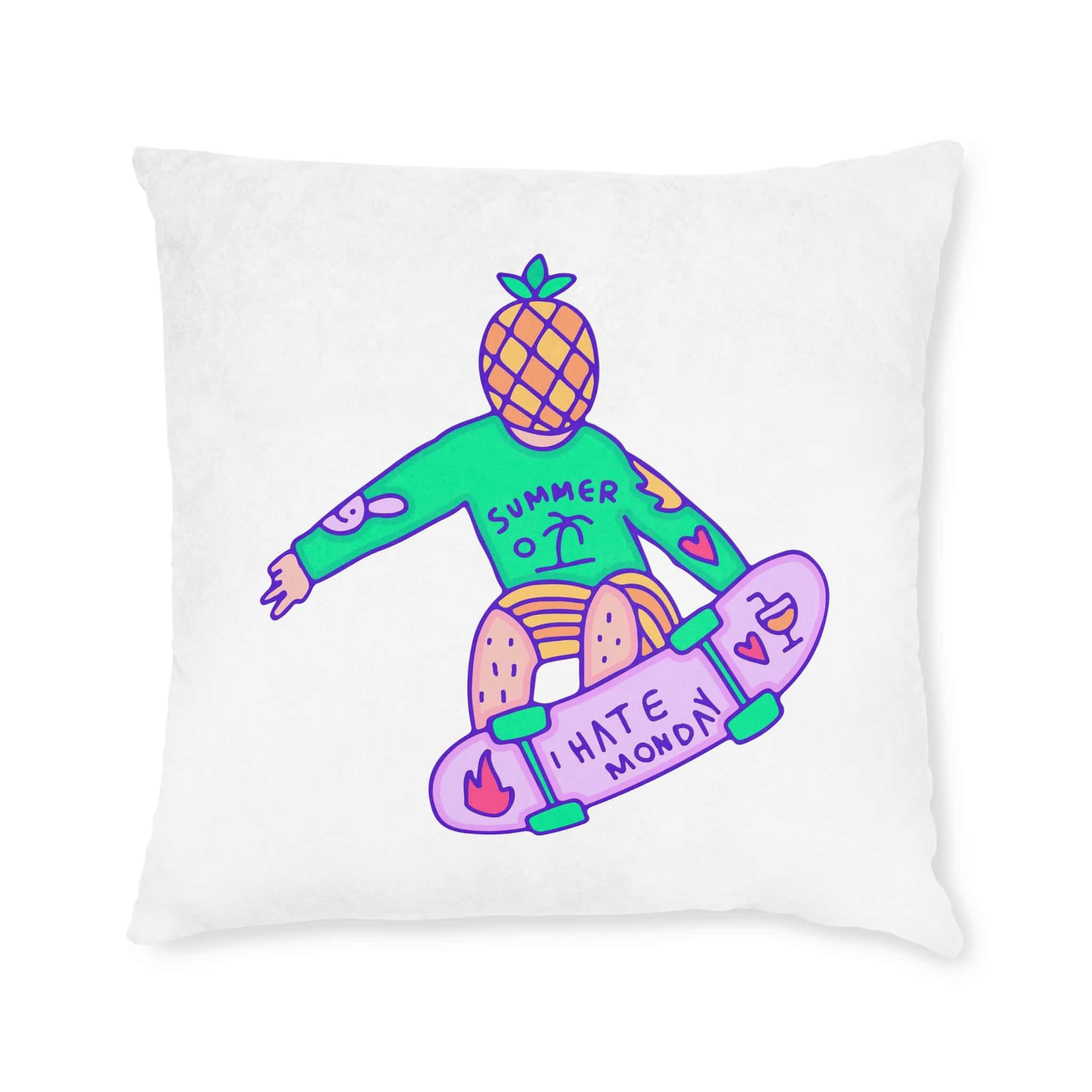 Cool Pineapple Boy Character Freestyle With Skateboard Illustration T Shirt Sticker Square Pillow Pink Back - Image 9