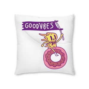Cool Melted Skull Character Holding Flag Riding Donut Cartoon Illustration T Shirt Tufted Floor Pillow Square