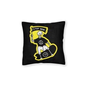 Cool Skeleton Freestyle With Skateboard Holding Flag With Stop War Typography Illustration Square Pillow Pink Back