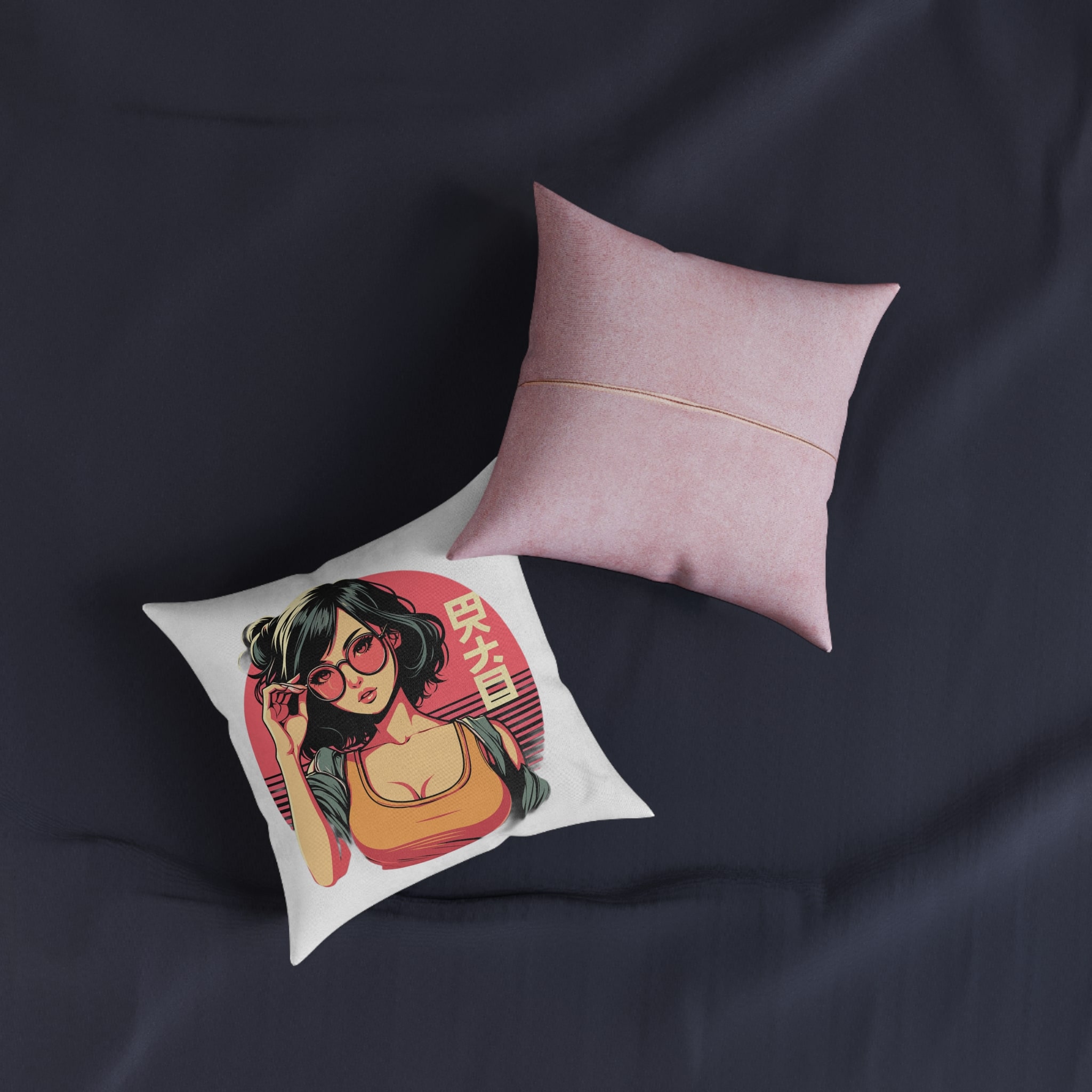 Stylish Lofi Girl Wearing Sunglasses Square Pillow Pink Back - Image 3