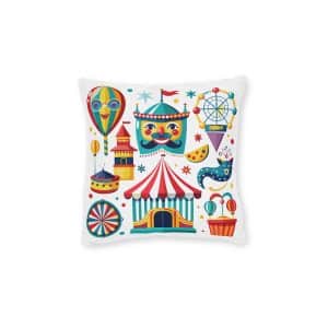 Colorful Cartoon Carnival Icons Set With Amusement Park Attractions Circus Tent Hot Air Balloon More Square Pillow Pink Back