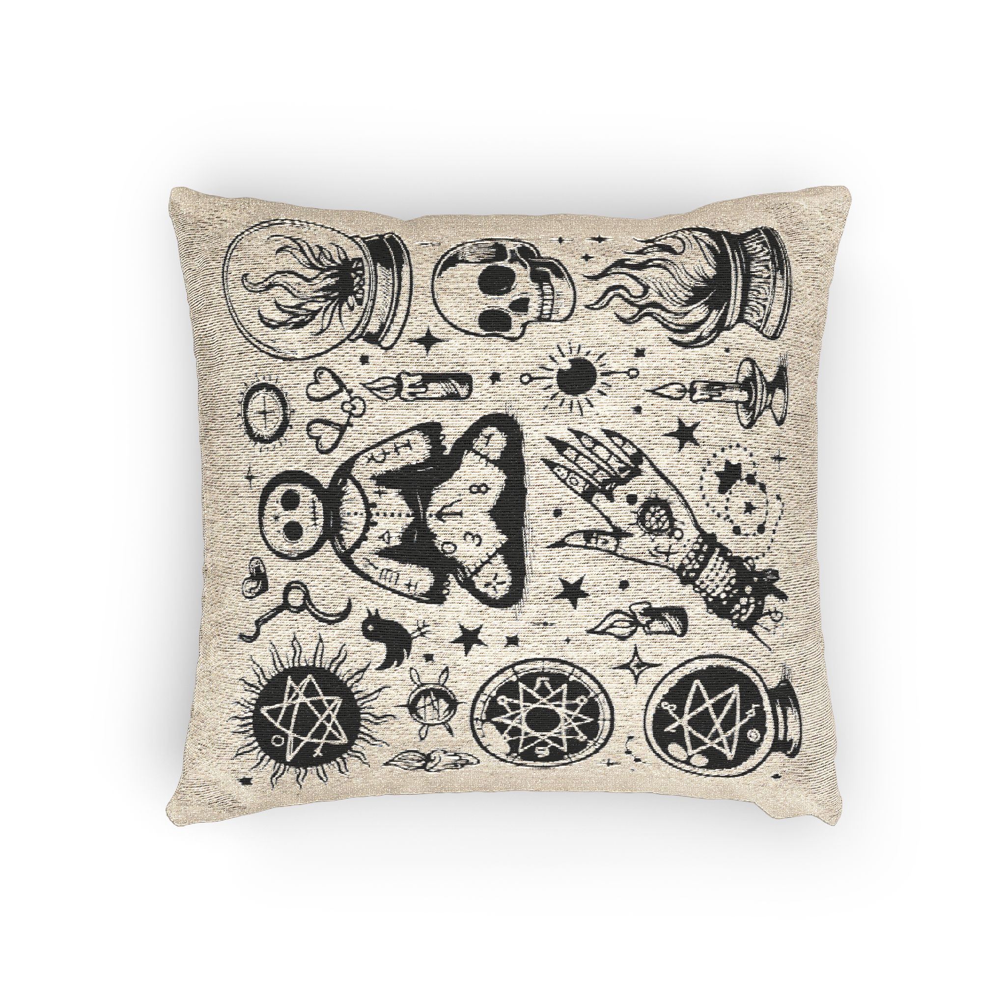 Set of Hand Drawn S of Voodoo Doll Crystal Ball and Clairvoyance Magic and Mystery Woven Pillow - Image 4
