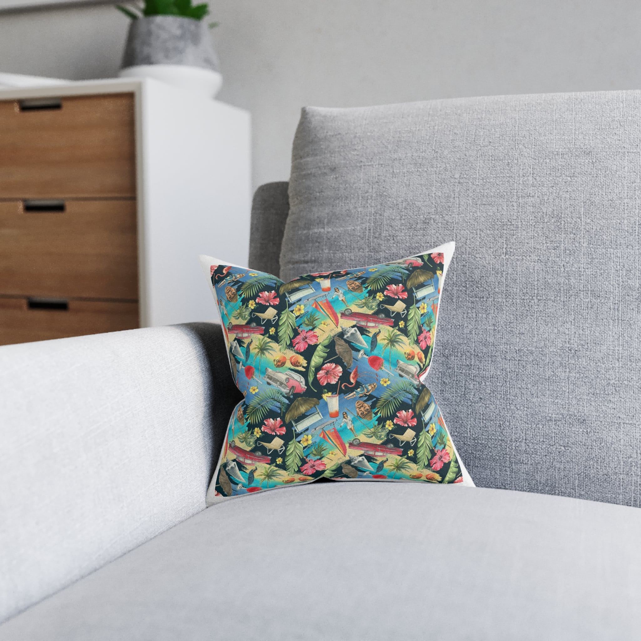Tropical Cuban Bright Pattern Seamless Dark Background With Cocktails Palm Trees Retro Cars Pink Flamingos Seashells Watercolor Illustration From Large Cuba Set Square Pillow Pink Back - Image 4